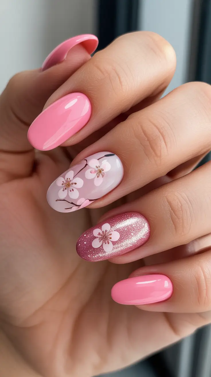 romantic spring wedding nails 2026 Romantic Pink Blossom Nails With Subtle Glitter Accent