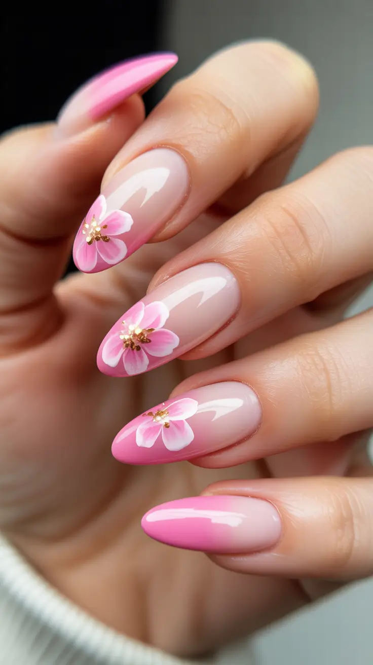 romantic spring wedding nails 2026 Soft Pink Ombre Floral Almond Wedding Nails