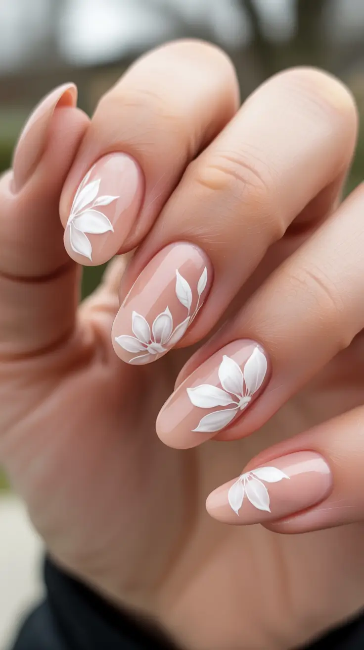 romantic spring wedding nails 2026 Minimal White Floral Nails For A Modern Bridal Look