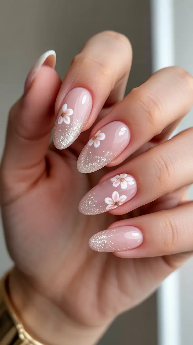 romantic spring wedding nails 2026 Soft Glitter Blossom Almond Nails