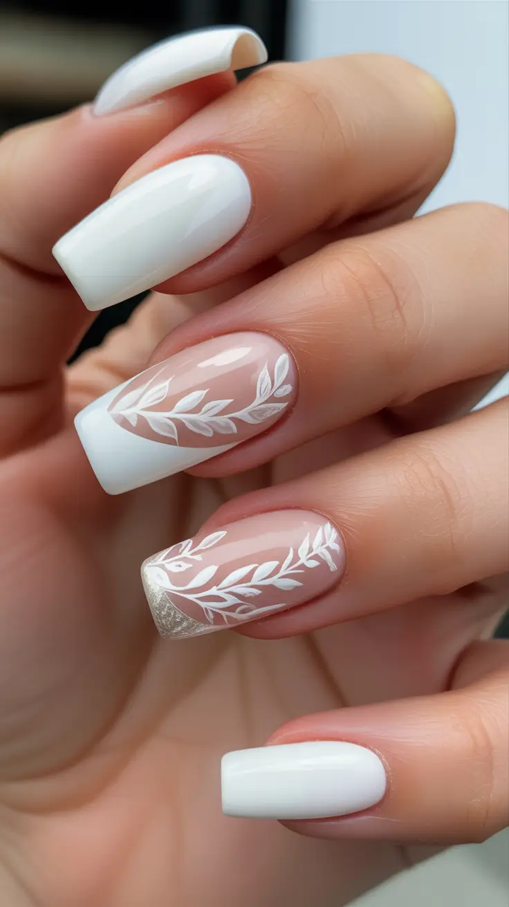 romantic spring wedding nails 2026 Elegant White Botanical Square Nails
