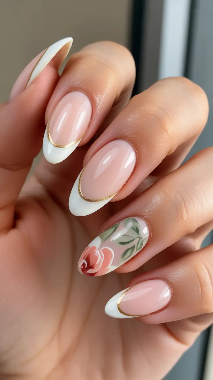 romantic spring wedding nails 2026 Gold Lined French Floral Almond Nails