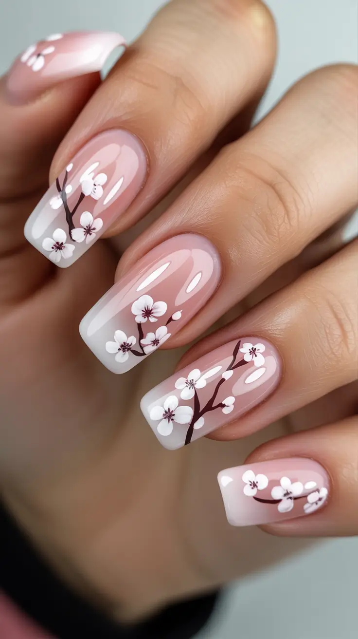 romantic spring wedding nails 2026 Cherry Blossom Square Nails For A Romantic Bride