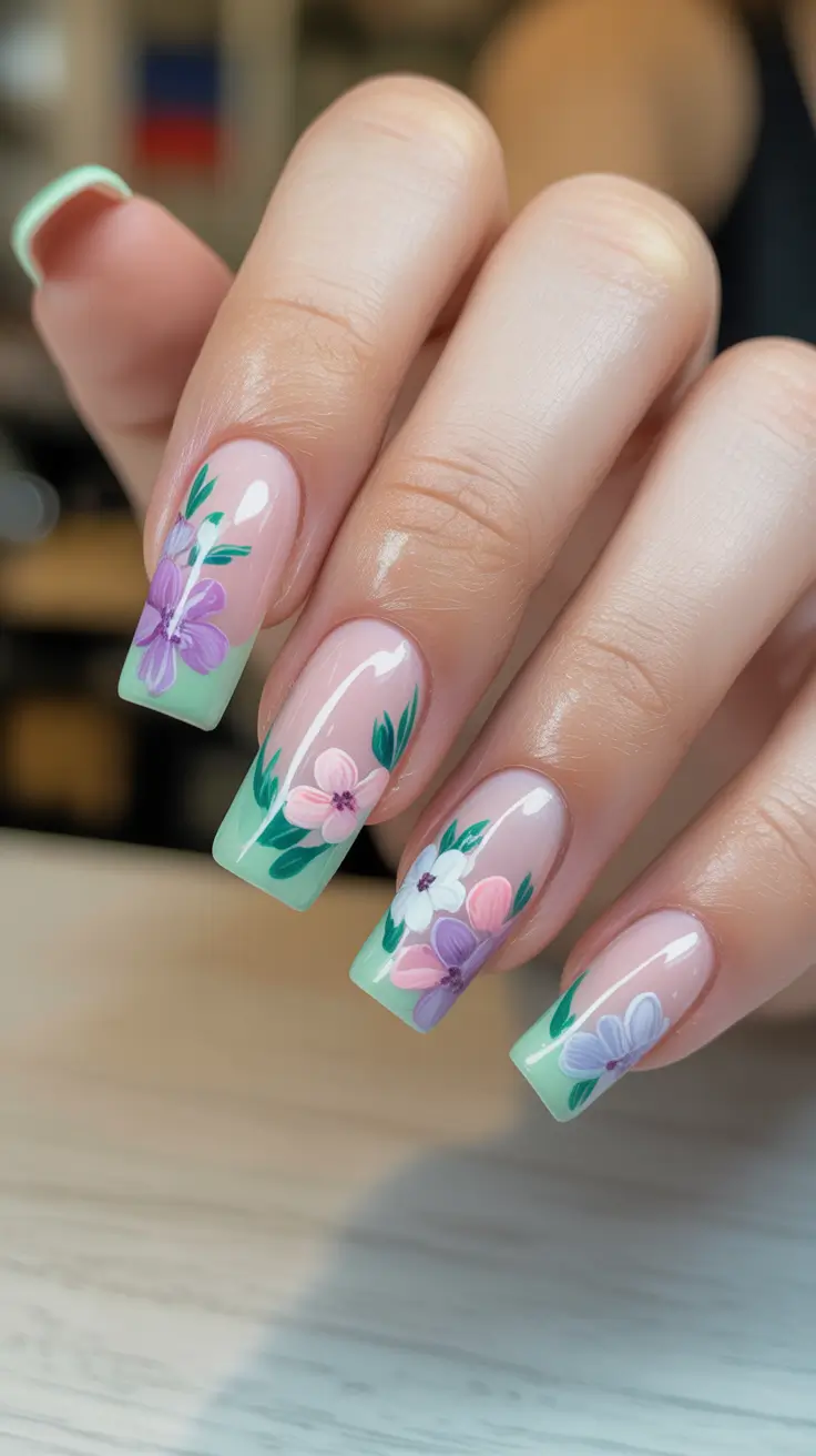 romantic spring wedding nails 2026 Fresh Mint Floral Square Nails