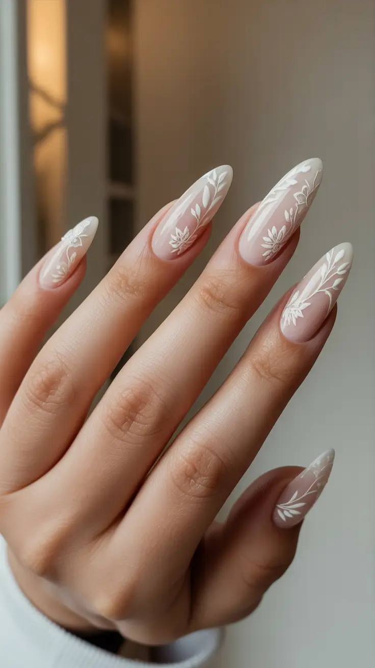 romantic spring wedding nails 2026 Minimalist White Botanical Almond Nails