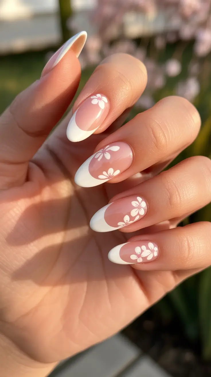 romantic spring wedding nails 2026 Delicate Almond French With Minimal Floral Details