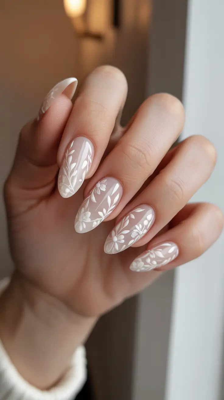 romantic spring wedding nails 2026 Soft Botanical Lace Almond Nails