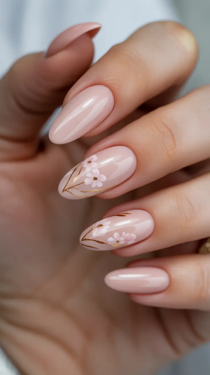 romantic spring wedding nails 2026 Blush Pink Florals With Gold Accents