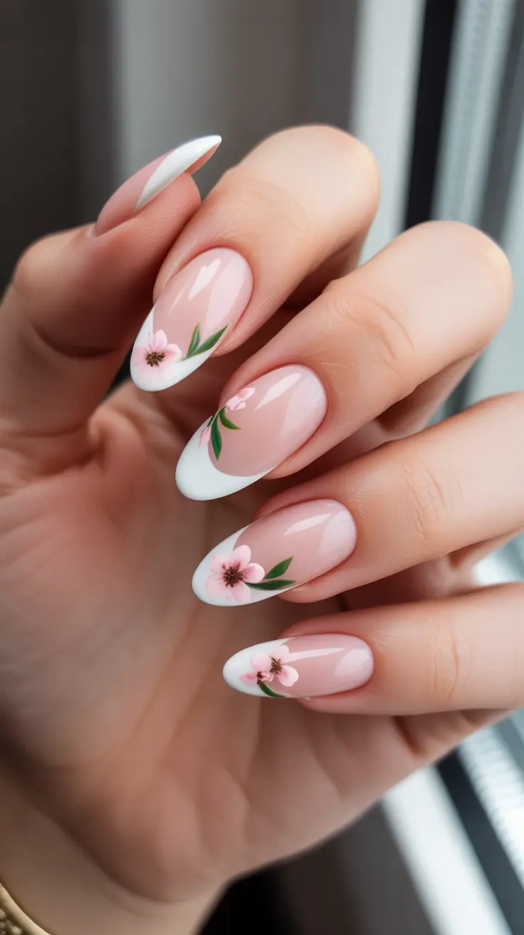 romantic spring wedding nails 2026 French Blossom Almond Nails