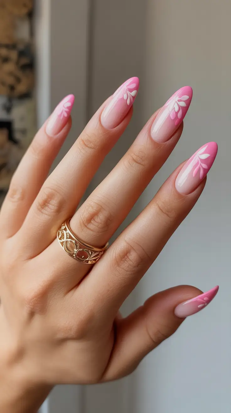 romantic spring wedding nails 2026 Pink Gradient Botanical Almond Nails