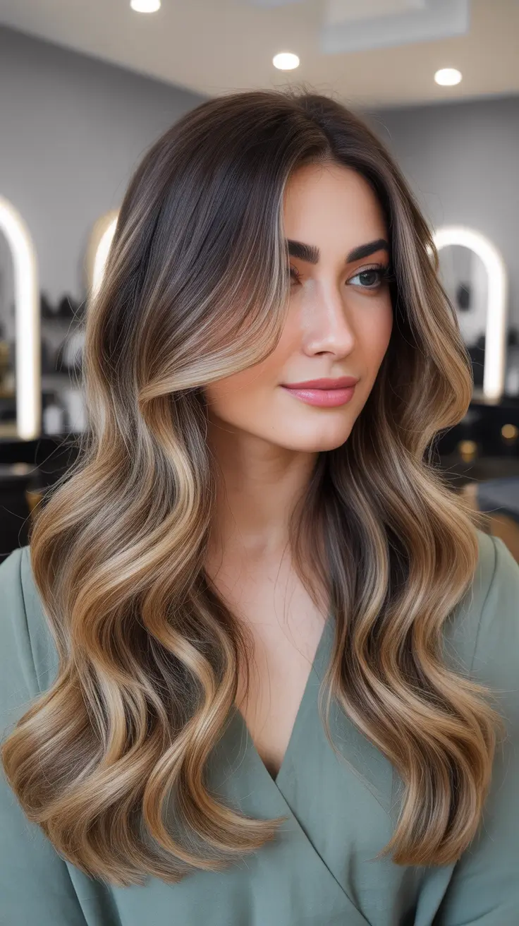 summer hair color ideas for brunettes 2026 Soft Caramel Balayage With Flowing Length
