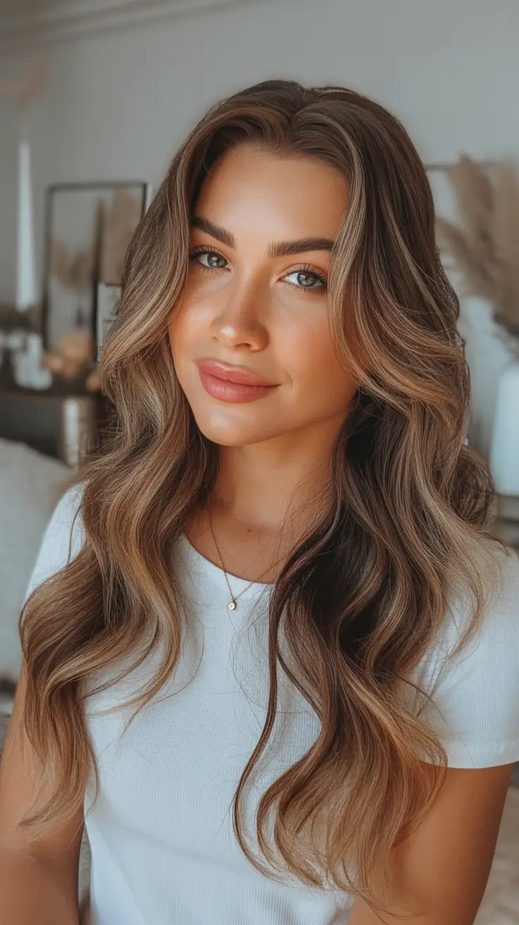 summer hair color ideas for brunettes 2026 Glossy Honey Caramel Waves With Soft Dimension