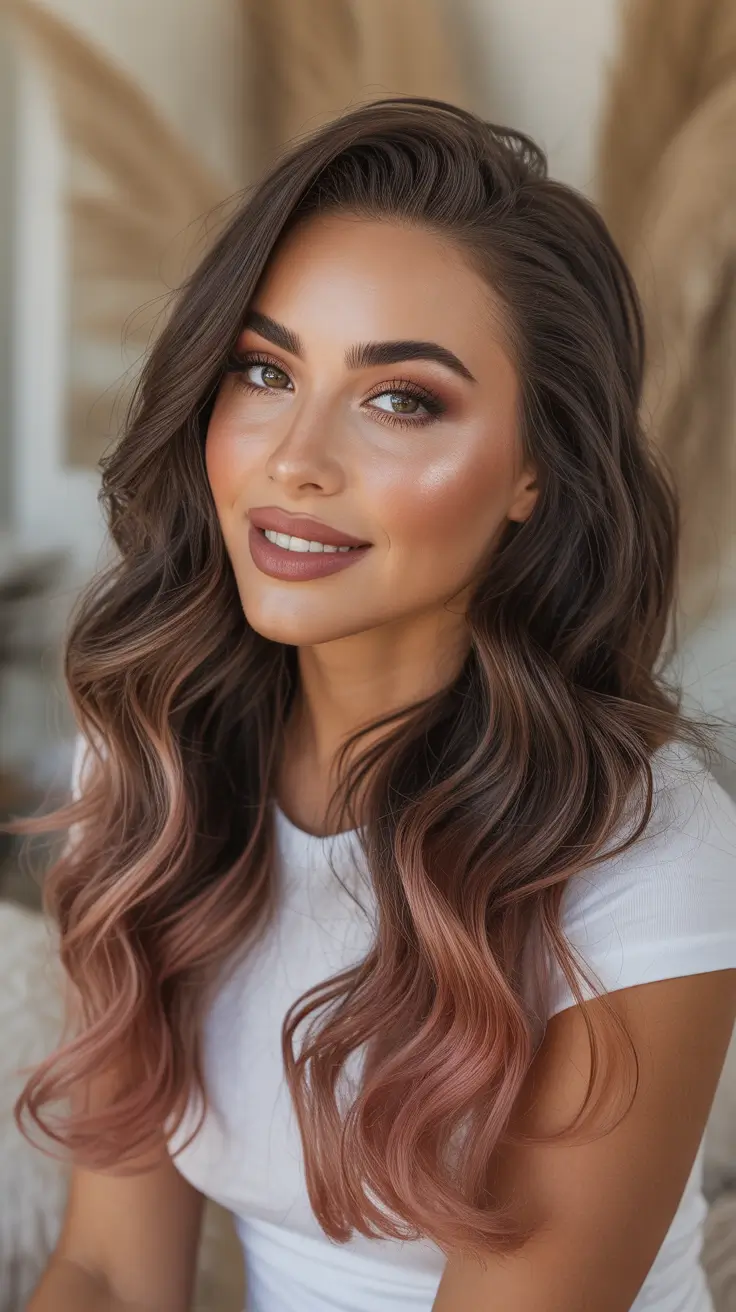 summer hair color ideas for brunettes 2026 Warm Brunette Melt With Rosy Caramel Ends