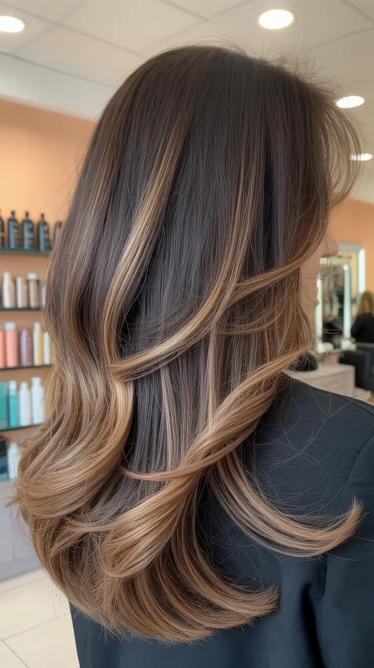 summer hair color ideas for brunettes 2026 Layered Brunette With Golden Ribbon Highlights