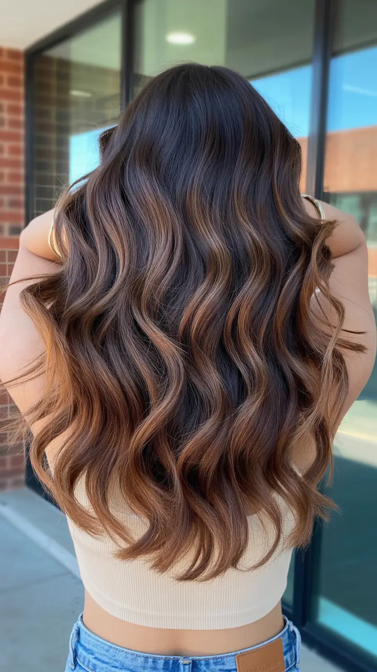 summer hair color ideas for brunettes 2026 Warm Brunette Waves With Caramel Ribbons