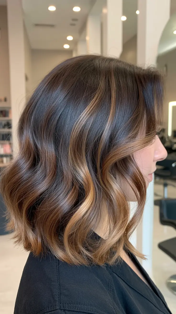 summer hair color ideas for brunettes 2026 Soft Layered Bob With Golden Balayage Accents