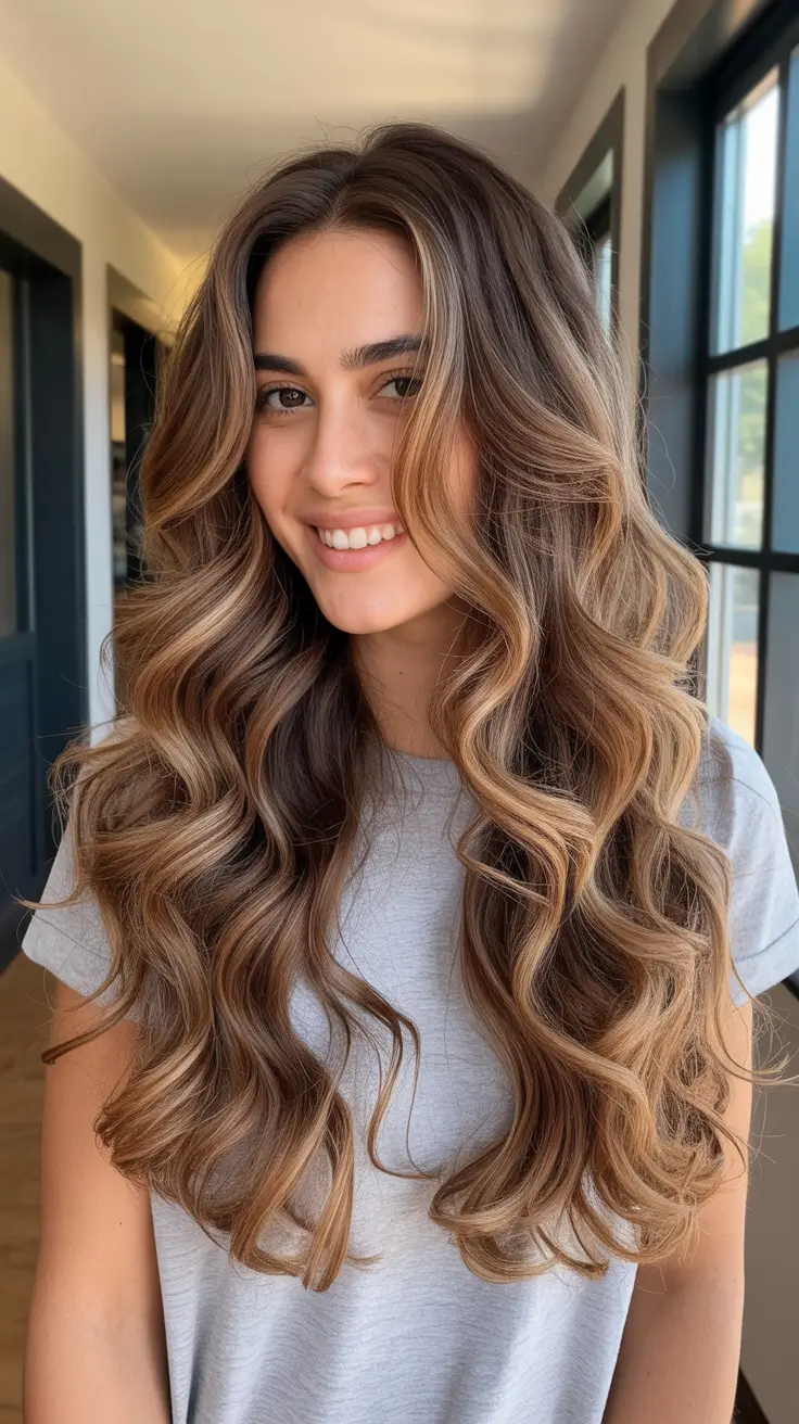 summer hair color ideas for brunettes 2026 Voluminous Brunette With Lived-In Blonde Highlights