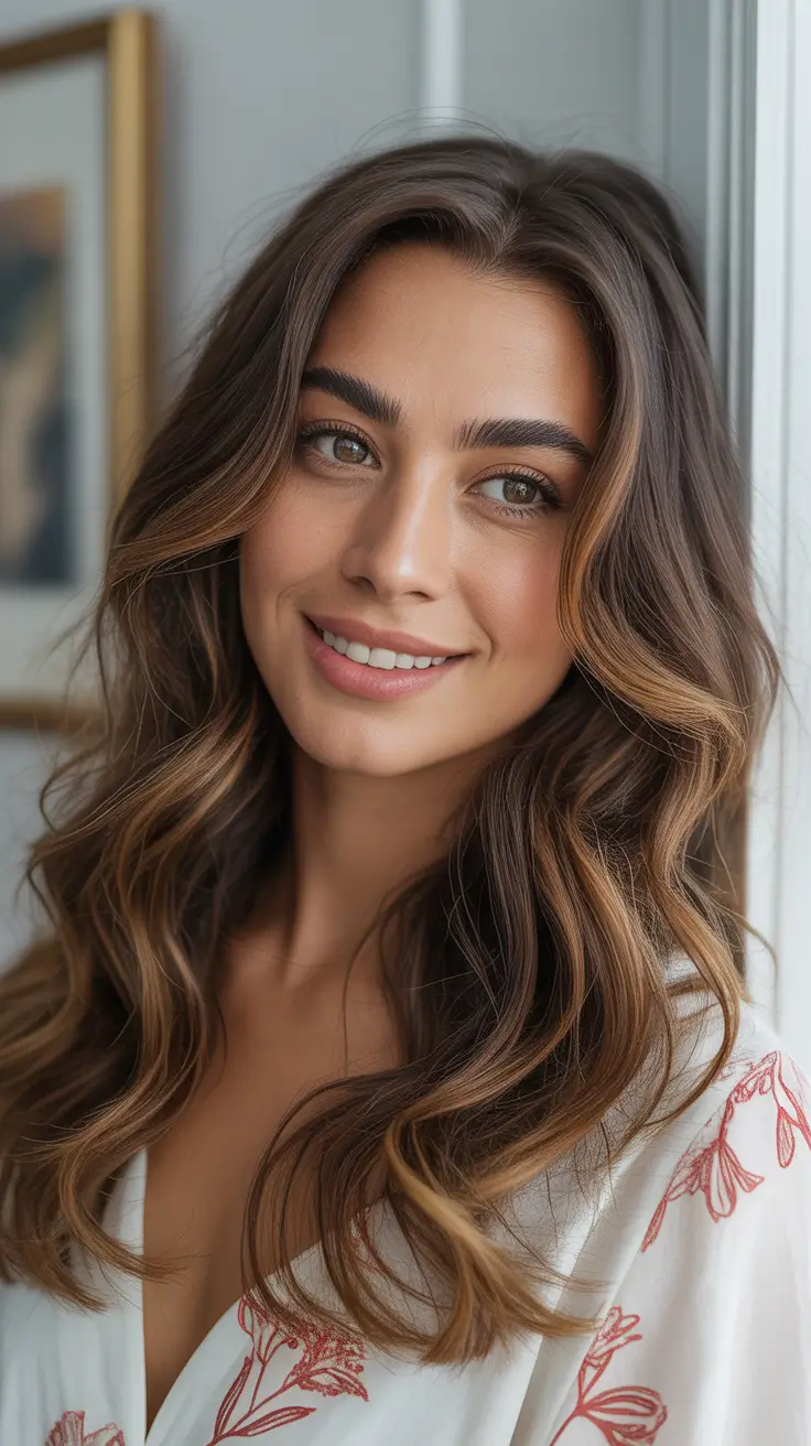 summer hair color ideas for brunettes 2026 Glossy Brunette Waves With Subtle Highlights