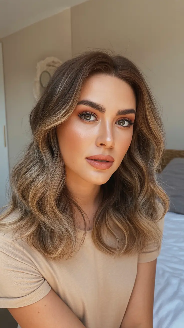 summer hair color ideas for brunettes 2026 Shoulder Length Balayage With Soft Beige Tones