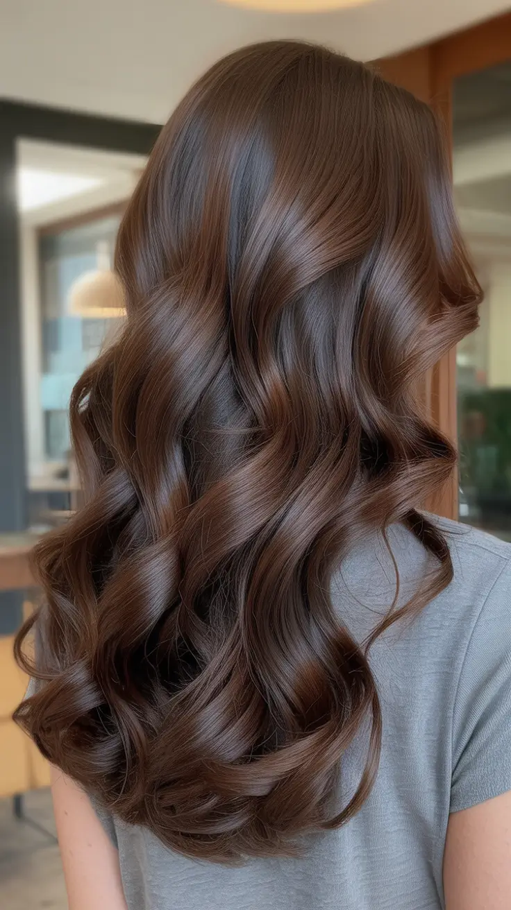 summer hair color ideas for brunettes 2026 Glossy Chocolate Waves With Subtle Dimension
