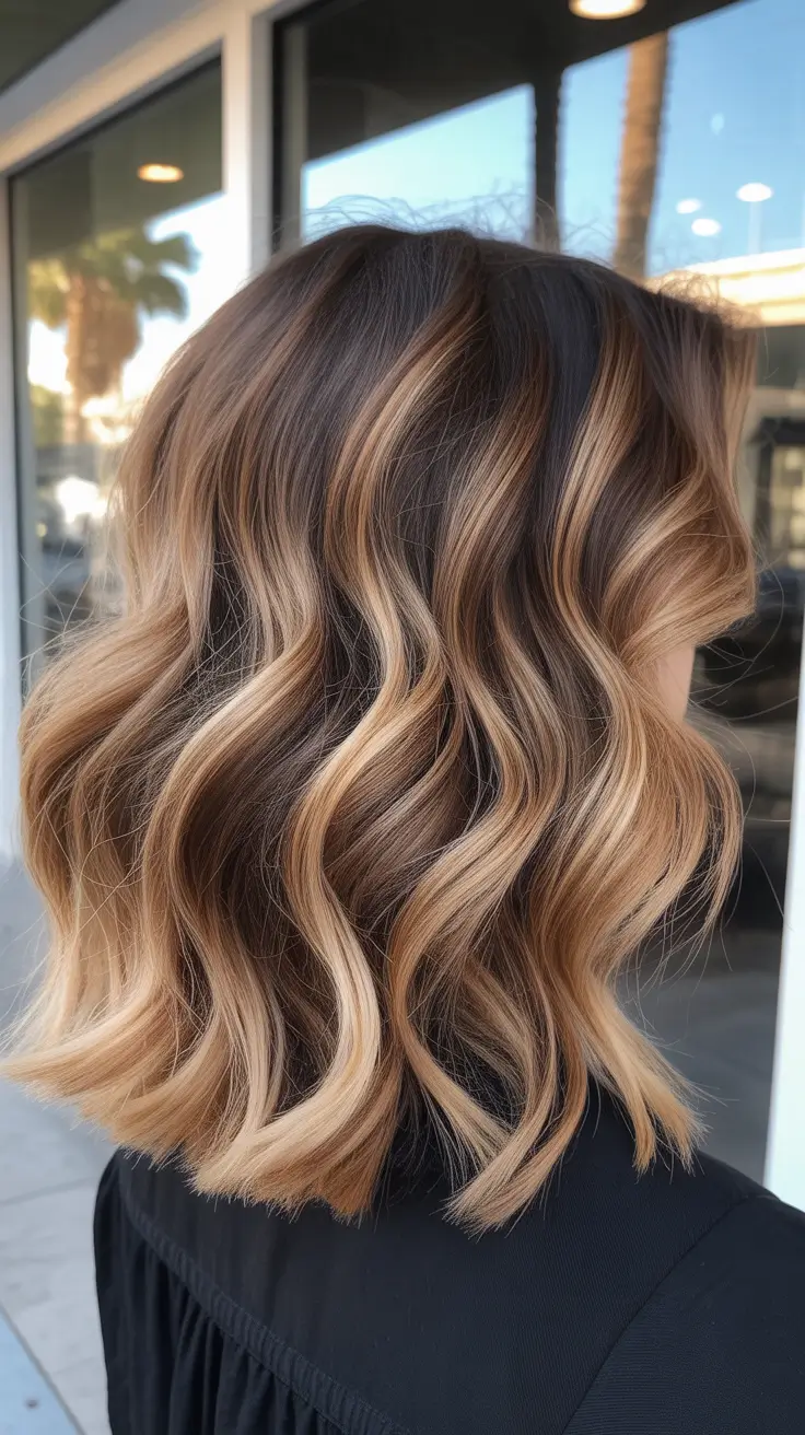 summer hair color ideas for brunettes 2026 Caramel Balayage On Shoulder-Length Waves