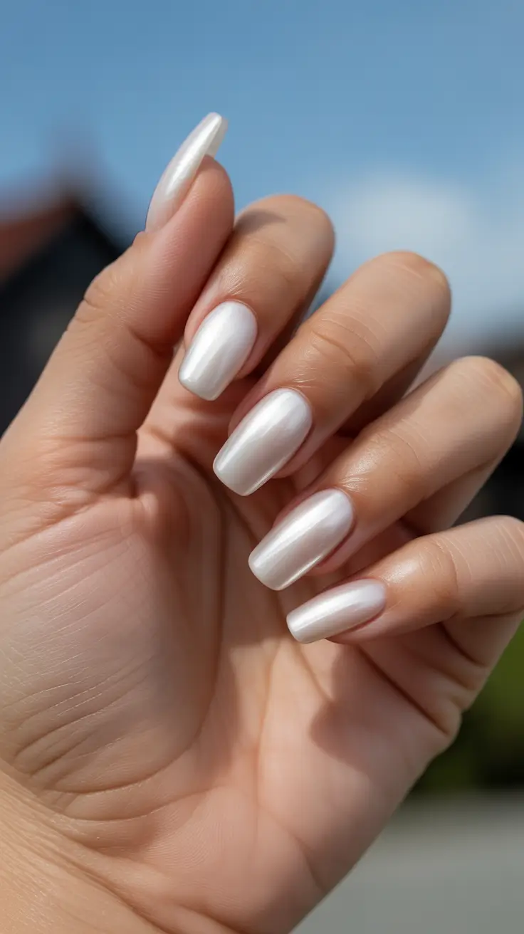 summer nail colors ideas 2026 Pearl White Elegance With A Modern Edge