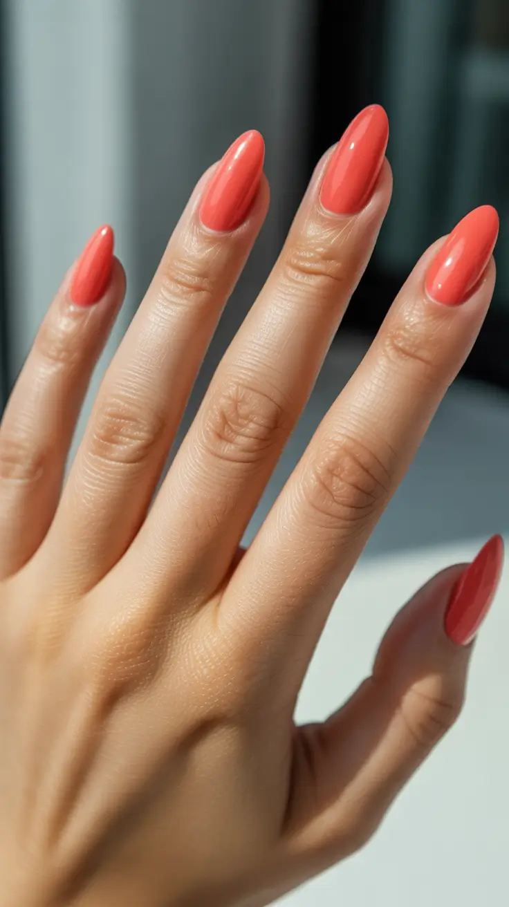 summer nail colors ideas 2026 Coral Almond Nails That Glow On Tan Skin
