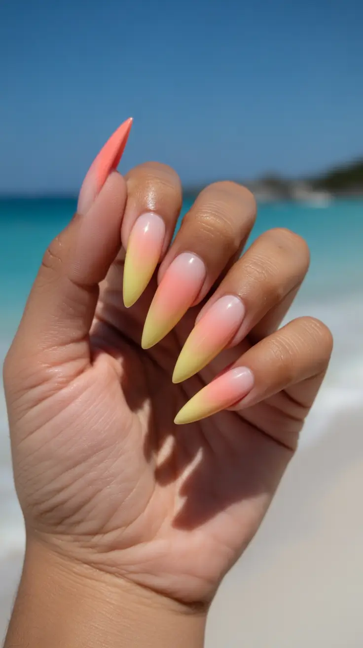 summer nail inspo 2026 Sunset Yellow Ombre Almond Beach Nails