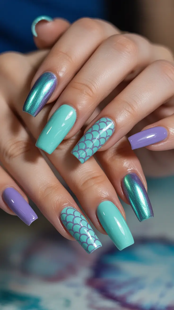 summer nail inspo 2026 Mermaid Inspired Blue And Chrome Summer Nails
