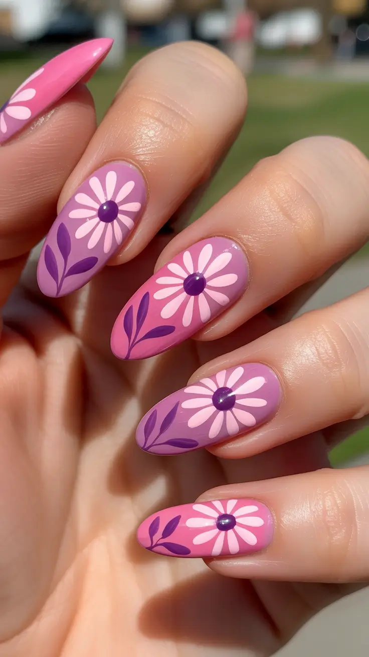 summer nail inspo 2026 Pink Daisy Garden Almond Nails
