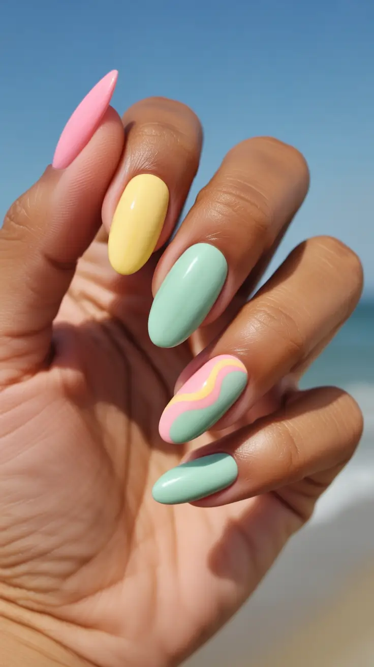 summer nail inspo 2026 Pastel Almond Color Mix With Soft Wave Accent
