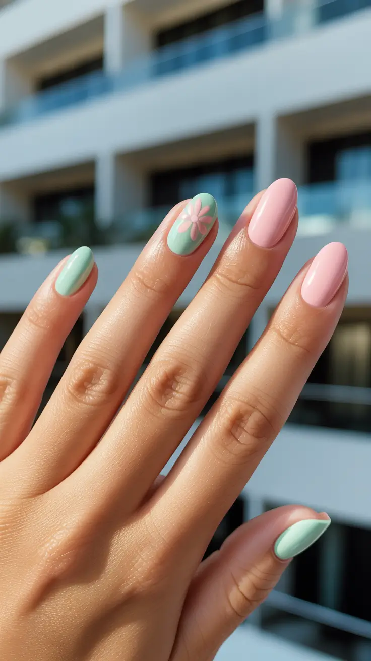 summer nail inspo 2026 Soft Mint And Pink Floral Almond Nails