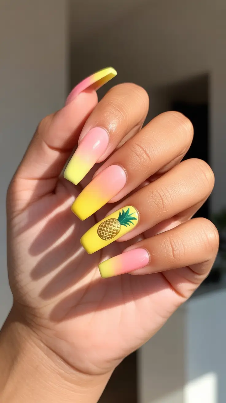 summer nail inspo 2026 Yellow Pineapple Ombre Coffin Vacation Nails
