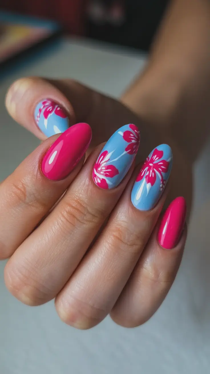 summer nail inspo 2026 Pink And Blue Tropical Flower Summer Nails
