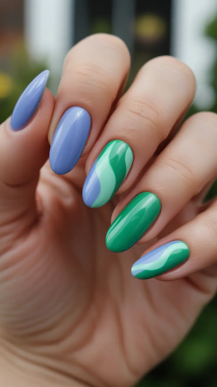 summer nail inspo 2026 Blue And Green Almond Swirl Color Nails