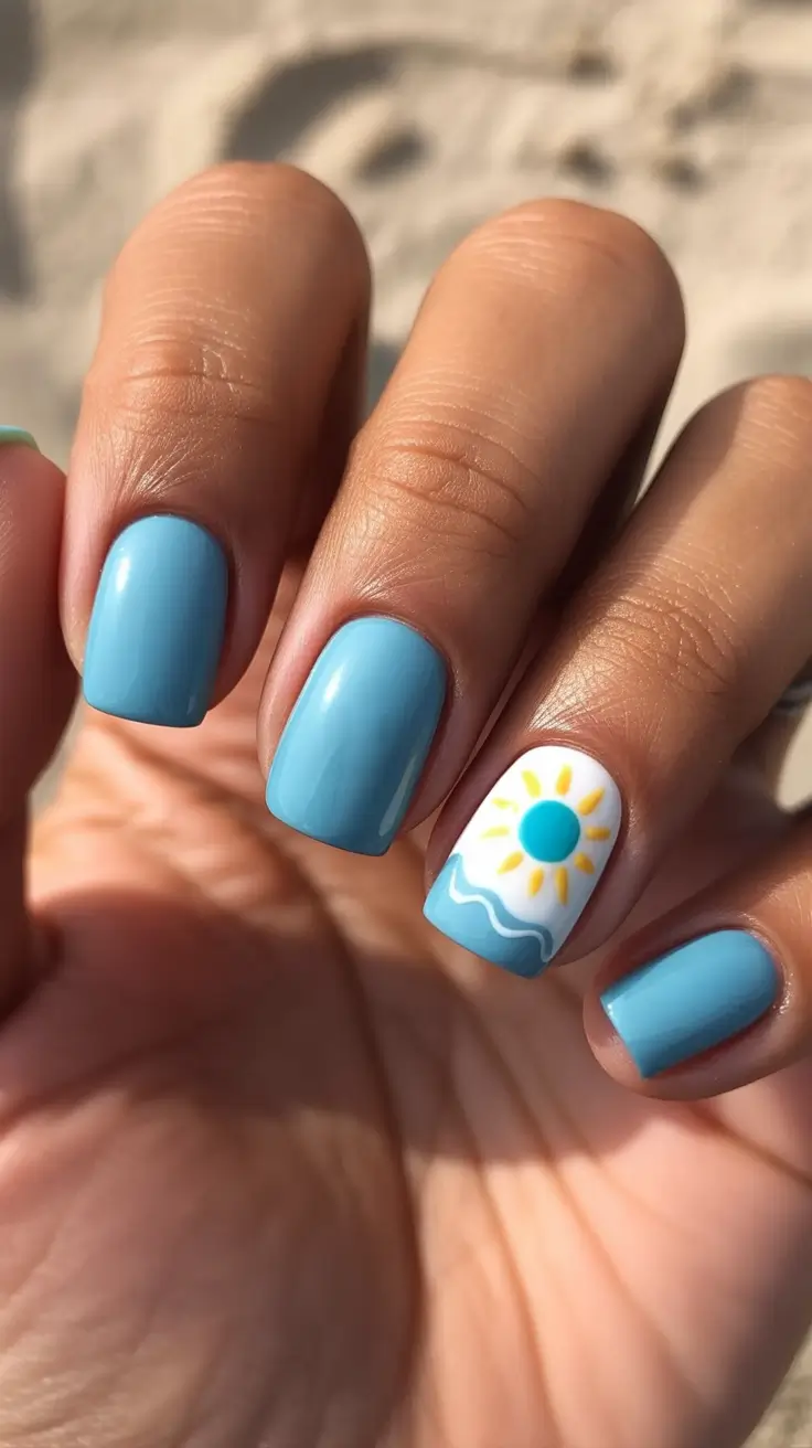 summer nail inspo 2026 Soft Blue Nails With Minimal Sunny Accent