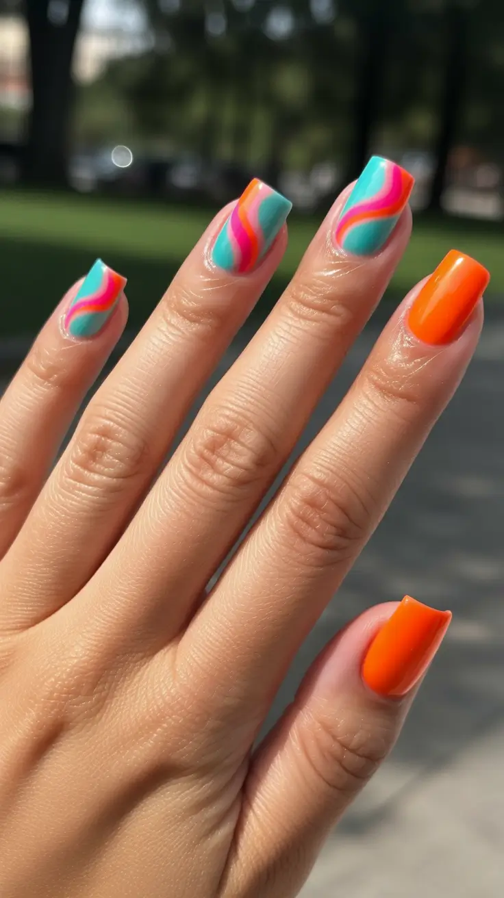 summer nail inspo 2026 Bright Orange And Teal Wave Square Nails