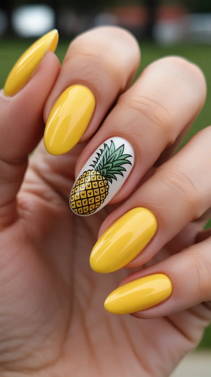 summer nail inspo 2026 Sunny Yellow Pineapple Accent For Tropical Mood