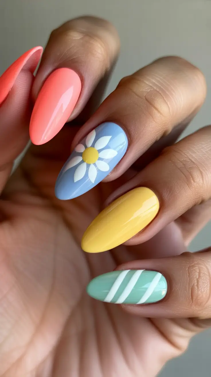 summer nail inspo 2026 Pastel Almond Mix With Daisy Accent
