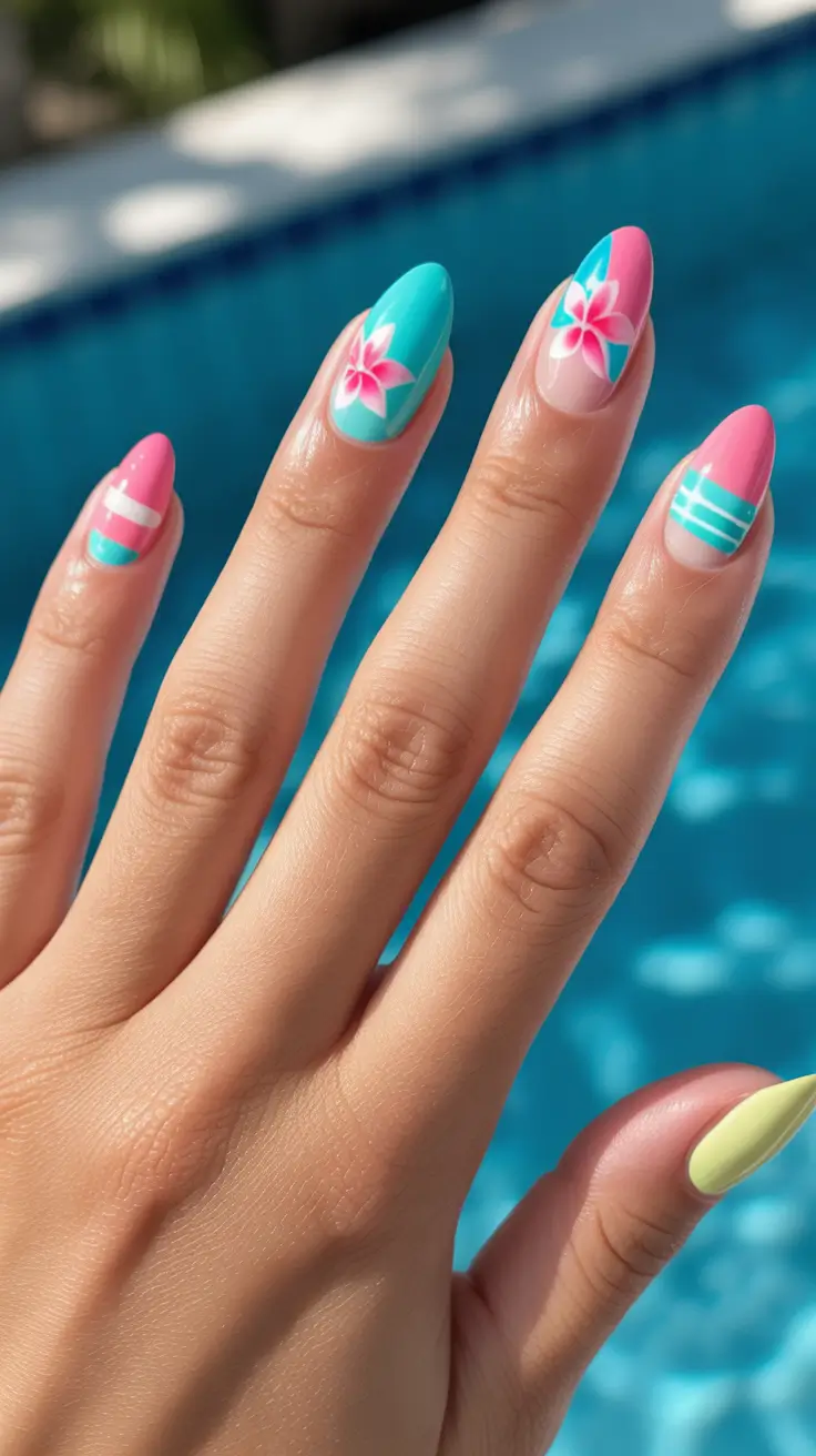 summer nail inspo 2026 Tropical Poolside Nails With Floral Surf Vibes