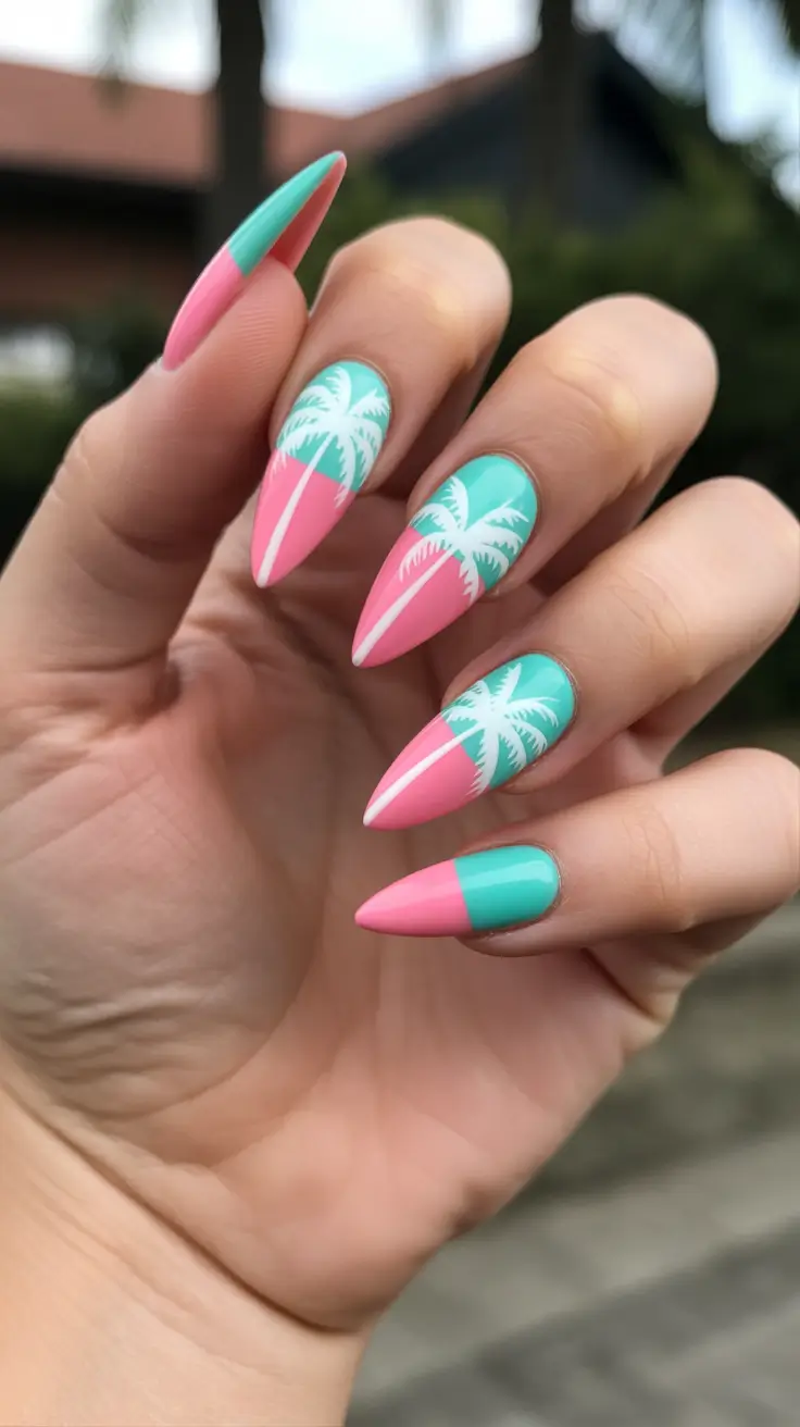 summer nail inspo 2026 Tropical Pink And Mint Almond Vacation Nails