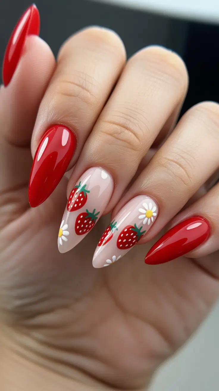 summer nail inspo 2026 Strawberry Garden Cute Summer Almond Nails