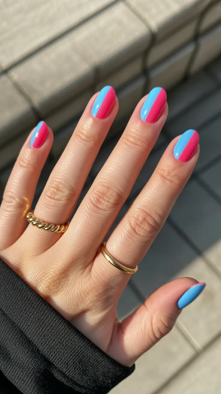 summer nail inspo 2026 Blue And Pink Color Block Short Summer Nails