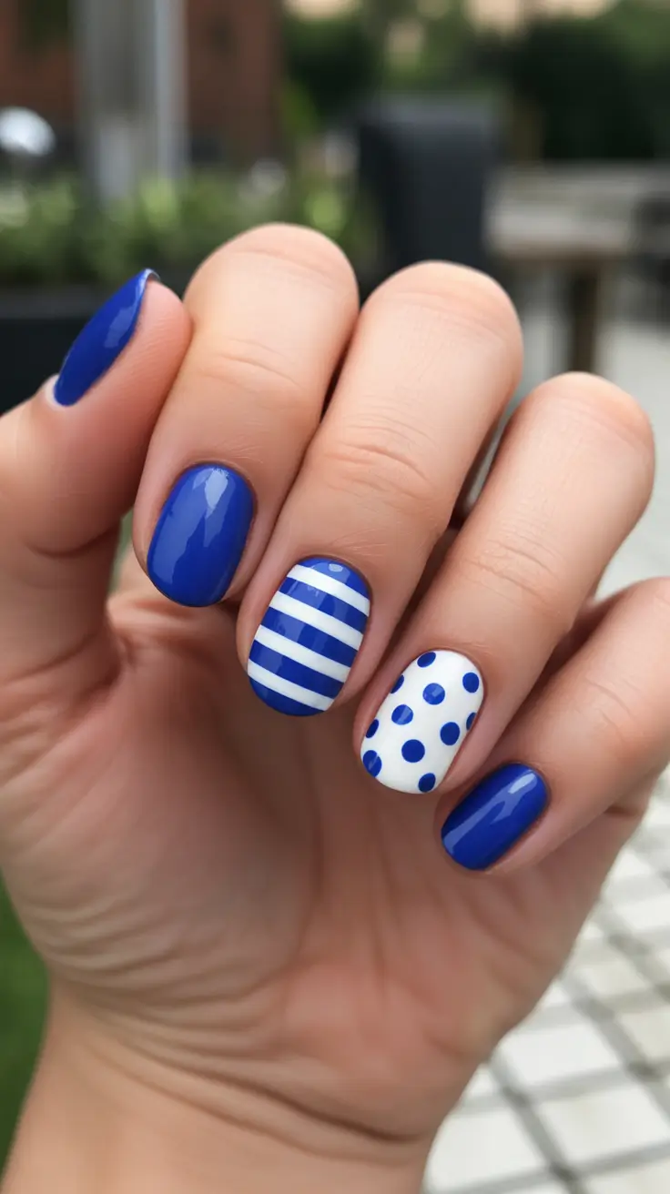 summer nail inspo 2026 Coastal Blue Polka Dot And Stripe Nails