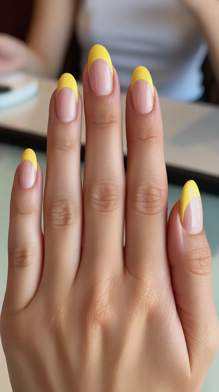 stylish yellow spring nails for 2026 Sunny Minimal French Tips With Modern Almond Shape