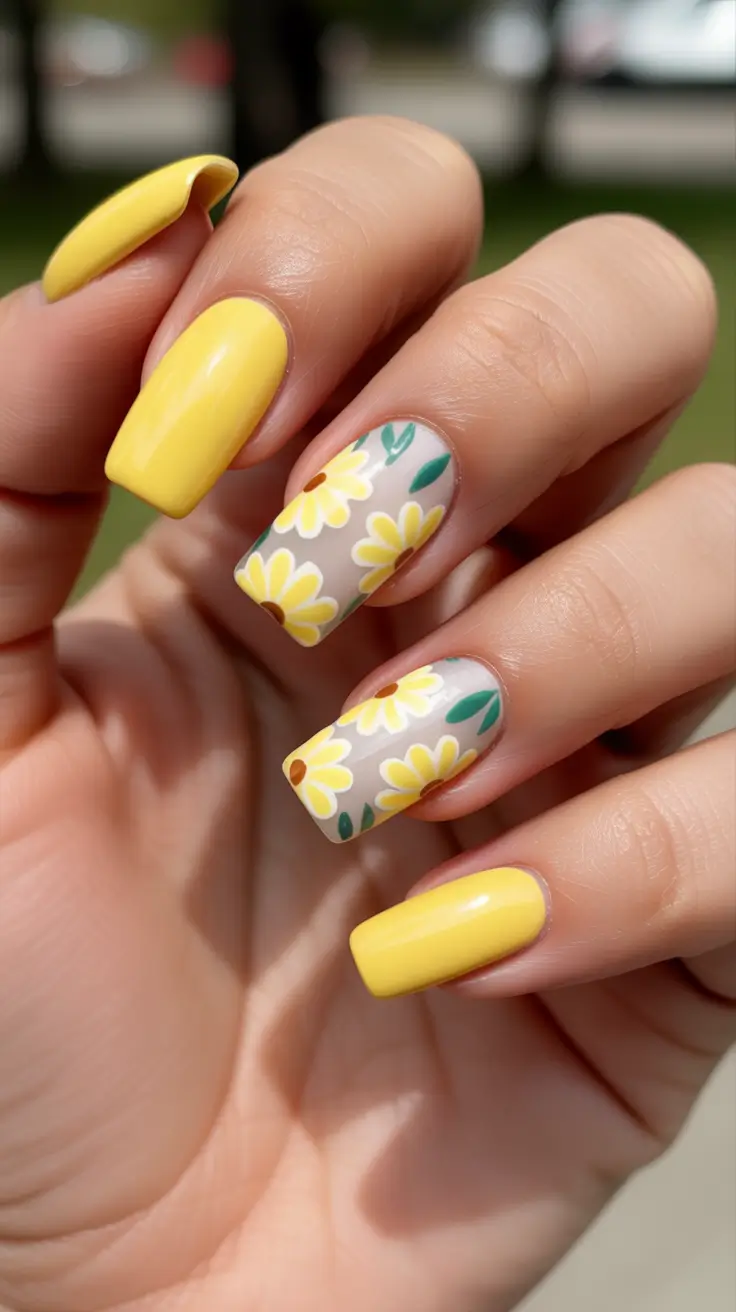 stylish yellow spring nails for 2026 Daisy Garden Coffin Nails With Soft Yellow Base