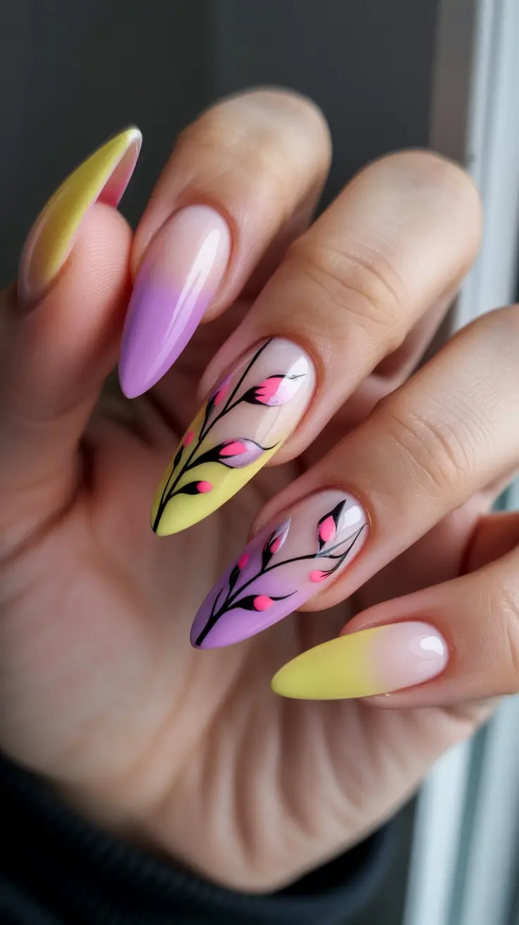 stylish yellow spring nails for 2026 Almond Ombre Nails With Floral Graphic Lines