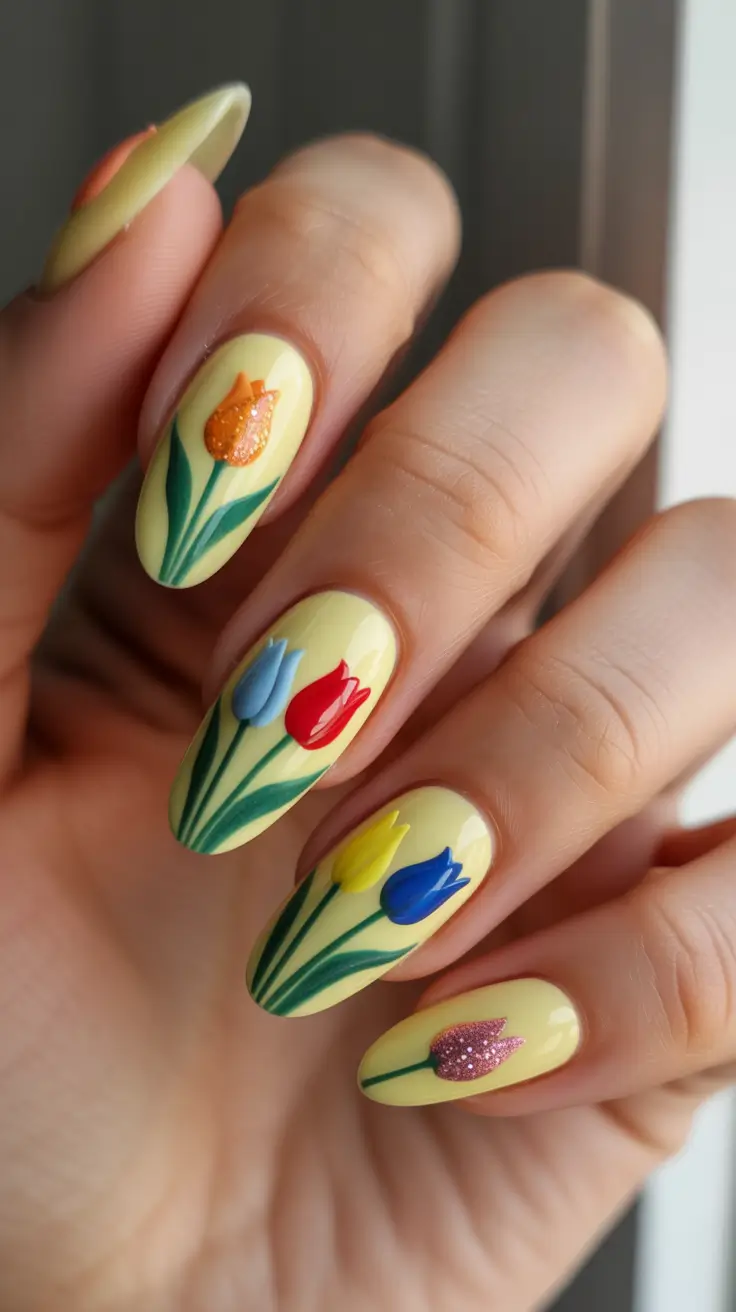 stylish yellow spring nails for 2026 Playful Tulip Garden Nail Art On Pastel Yellow